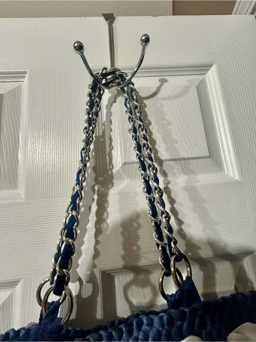 Woven Navy Straw Tote with White Ribbon Accent
